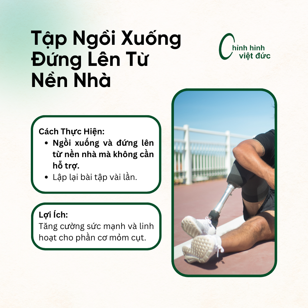 Bài tập từ ngồi xuống đứng lên từ nền nhà, dành cho chân giả, tập mỏm cụt